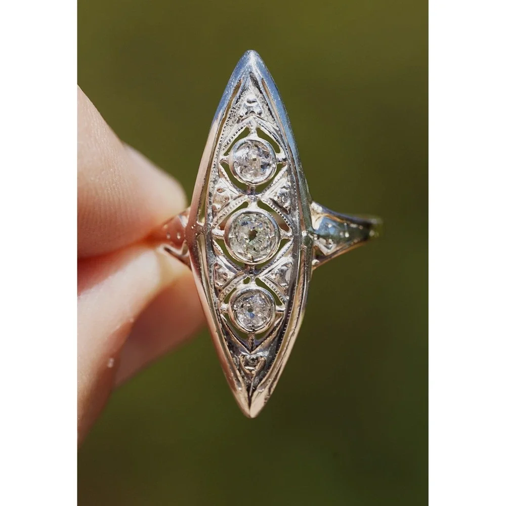 Antique Edwardian 12k Solid Gold Natural Old European Cut Ring Filigree Navette - Picture 4 of 10